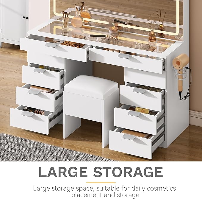 DWVO Makeup Vanity Table with Stool, Large Mirror, 10 Drawers, LED Lights with 3 Color Settings, USB & Power Outlets, Glass Top Dressing Table