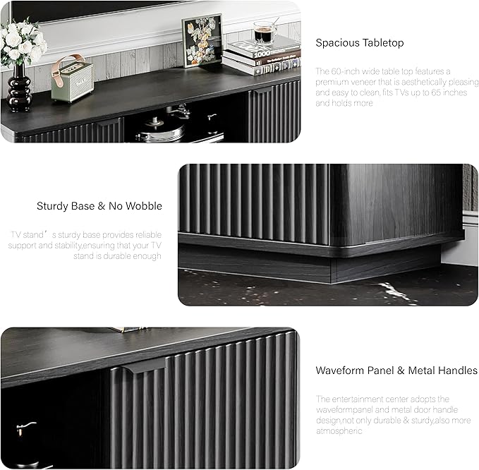 60'' Fluted TV Stand, Console Table, Mid Century Modern Curved TV Stands with Water Wave Shaped Door, Entertainment Center with Metal Handle, Living Room (Advanced Black Wood Grain)