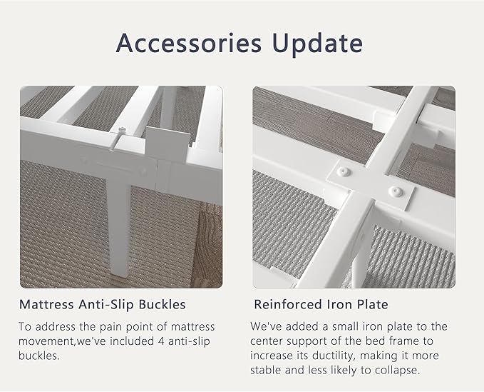 White Bed Frame Queen Size 16 Inch, Metal Queen Bed Frame No Box Spring Needed, Heavy Duty Steel Support 3500 LBS, DIY Headboard, Noiseless, Round Corner Legs, Storage Space, Easy Assembly