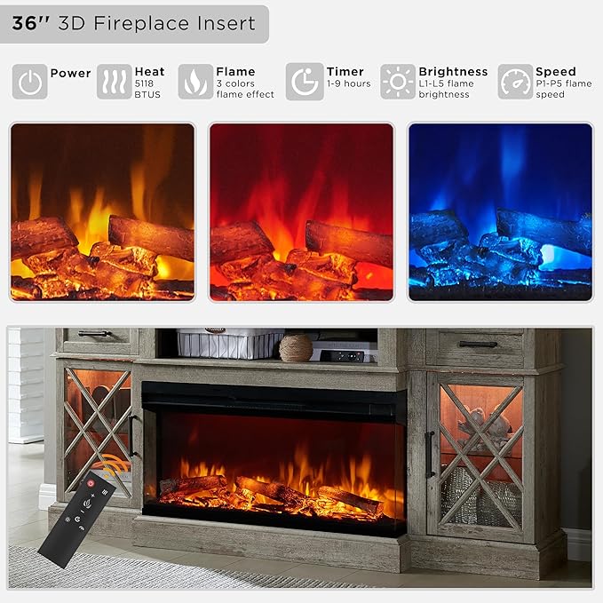 OKD 3-Sided Glass Farmhouse Fireplace TV Stand - Highboy Entertainment Center with Glass Door Storage Cabinet, 70'' Large TV Stands with Electric Fireplace, Light Rustic Oak