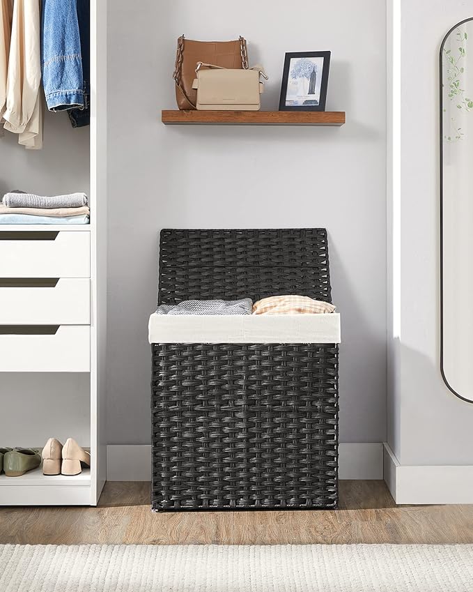 SONGMICS Laundry Hamper with Lid, 110L Clothes Hamper with 2 Removable Liner Bags, 6 Mesh Bags, Wicker Laundry Basket, Double Laundry Hamper for Laundry Room, 13 x 22.4 x 23.6 Inches Black ULCB52BK