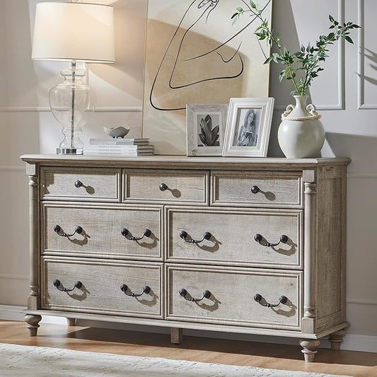 T4TREAM Farmhouse 7 Drawers Dresser Chests for Bedroom w/ 4 Column Solid Wood Feet, Tall Wide Wood Country Rustic Chest of Drawers, Storage Dressers for Bedroom, Living Room, Light Rustic Oak