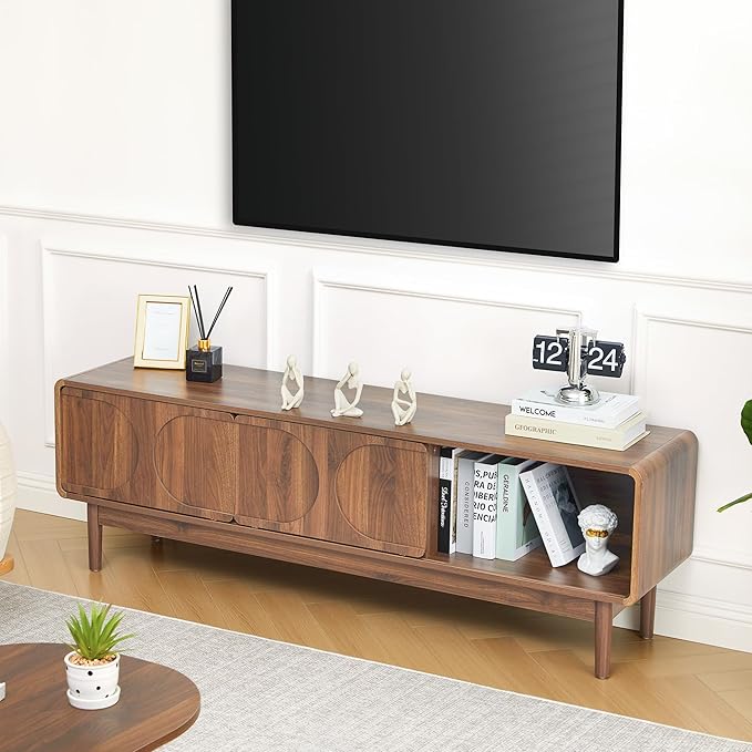 Mid-Century Wood TV Stand Cabinet for Television 55/60/65 Inch, 59" Long TV Console with Adjustable Storage Shelf and Arch Sliding Door, Media Center Cabinet for Living Room, Bedroom (Wanlnut)