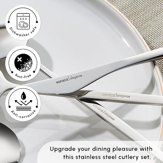 Karaca New Porto Elegance 60-Piece Cutlery Set for 12 People, Tablespoons, Table Forks, Premium Quality, Healthy and Hygienic, Modern Design, Stainless Steel Cutlery Set