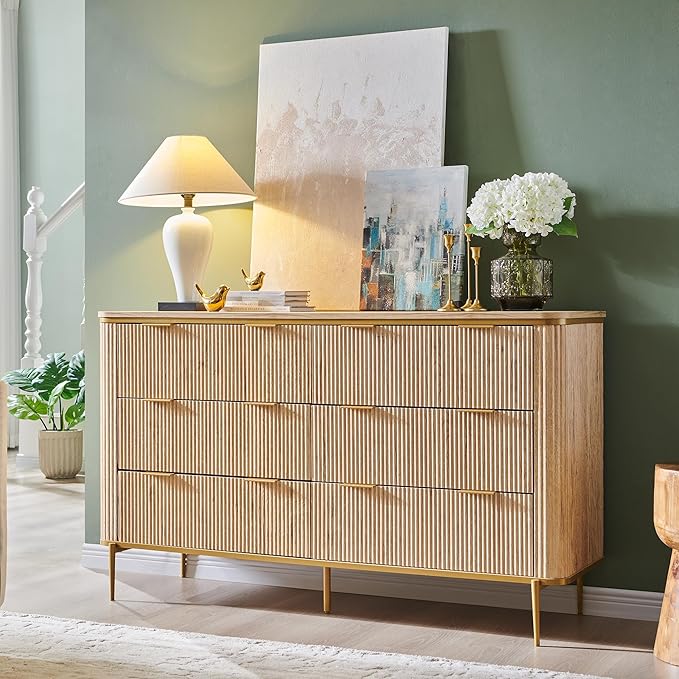 T4TREAM 6-Drawer Dresser Fluted Design, with Gold Accents (Natural Oak)