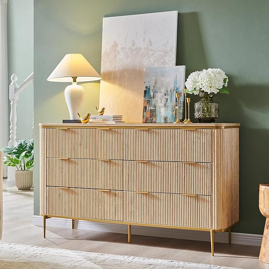 T4TREAM 6-Drawer Dresser Fluted Design, with Gold Accents (Natural Oak)