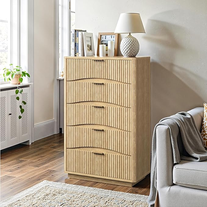 Fluted 5 Drawers Dresser, 47" Tall Wooden Dressers Storage Organizer,Modern Chest of Drawers for Bedroom with Deep Storage, Living Room,Entryway, Natural Oak