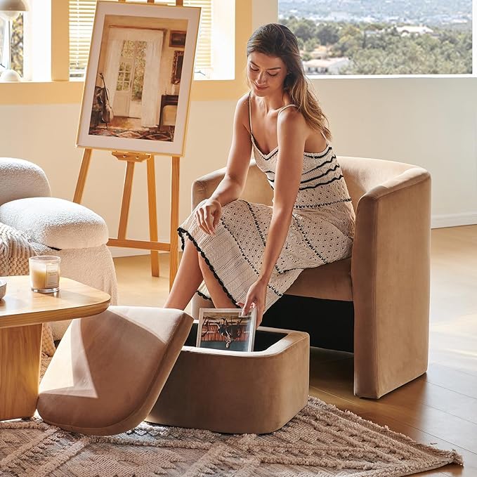 COLAMY Upholstered Velvet Barrel Accent Chair with Storage Ottoman, Morden Living Room Chair with Lounge Seat for Bedroom/Reading Spaces, Khaki