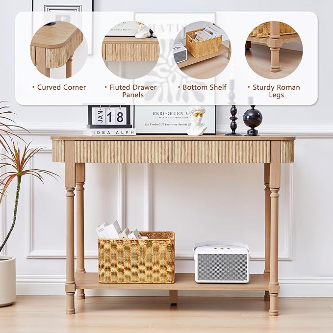 43.3”Console Table with 2 Drawers, Modern Retro Entryway Table with Fluted Panel & Storage Shelf, Narrow Wood Behind Couch Sofa Table for Living Room, Foyer, Hallway(Natural)