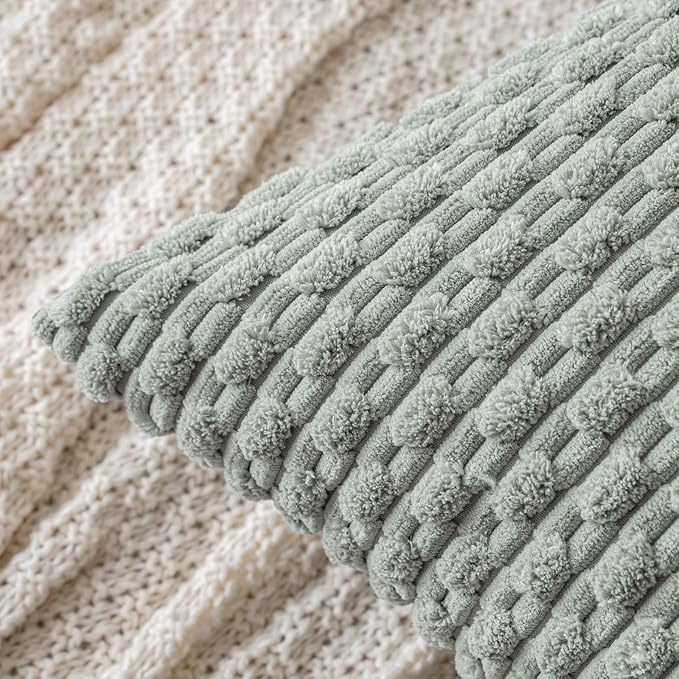 MIULEE Throw Pillow Covers Soft Corduroy Decorative Set of 2 Boho Striped Pillow Covers Pillowcases Farmhouse Home Decor for Couch Bed Sofa Living Room Spring 20x20 Inch Greyish Green