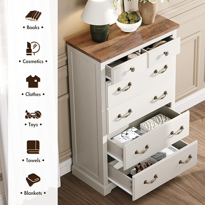 Farmhouse 6 Chest of Drawers for Bedroom, 48" Tall Wood Dresser with Bronze Retro Handles & 3D Drawer Fronts, Closet Dresser for Bedroom, Hallway, Antique White