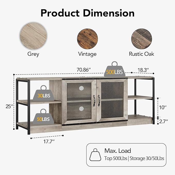 CABIHOME Farmhouse TV Stand for 75/80 inches TVs, Entertainment Center with Storage Cabinet and Mesh Doors, Industrial Media Console Cabinet Table, Living Room Media Furniture, Light Grey