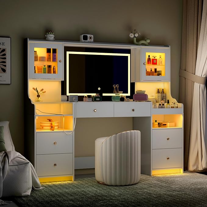 62" Large White Vanity Desk with Power Outlet, Makeup Vanity with Mirror and LED Lights, One Piece Controls 3 Lighting Modes, 4 Drawers Vanity with 2 Cabinets and Glass Top for Women, Girls