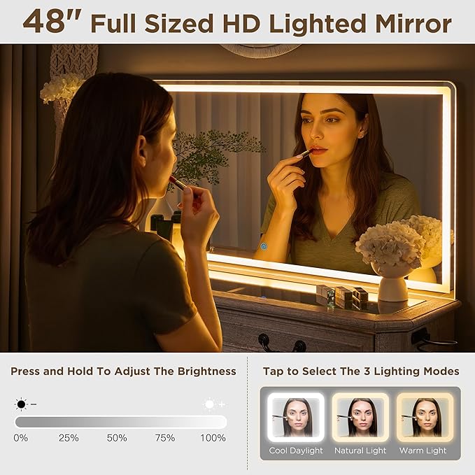 Vanity Desk with Mirror and Lights, 48'' LED Lights Farmhouse Makeup Vanity with 8 Drawers, Vanity Table with 3 Color Modes, Dressing Table with Glass Top and Power for Bedroom(Light Rustic Oak)