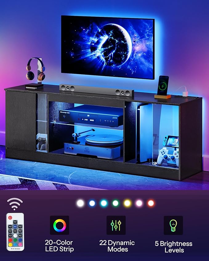 TV Stand with Power Outlets 55 65 inch, Modern Entertainment Center with Multi-Color LED Light, Media TV Console with Adjustable Glass Shelves for Living Room Black MDS01UDBB