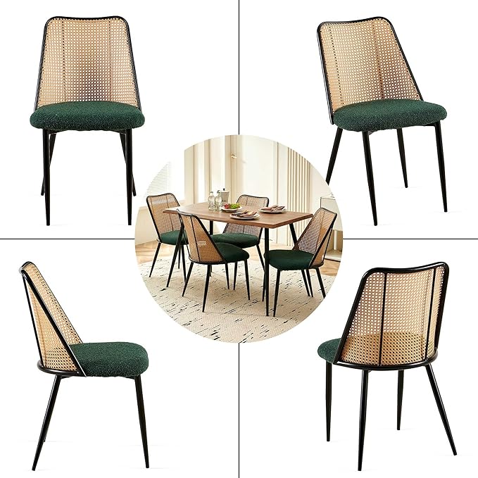 Green Dining Chairs Set of 4, Upholstered Home Kitchen Chairs Woven Rattan Back Boho Dining Room Chairs Comfortable with Metal Legs for Living Room Dining Hall