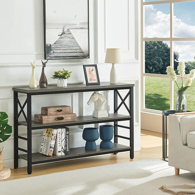 HOMBAZAAR Sofa Table,Industrial Console Table with Storage,Entryway Table with Engineered Wood and Metal,3 Tier Shelf for Living Room,Hallway,Grey,47 Inch