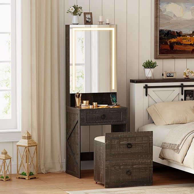 Makeup Vanity Desk with Mirror and Lights,Small Vanity Desk Set with Charging Station & Glass Top,Compact Dressing Table with Jewelry Cabinet & Storage Wheel Stool for Bedroom, Rustic Brown