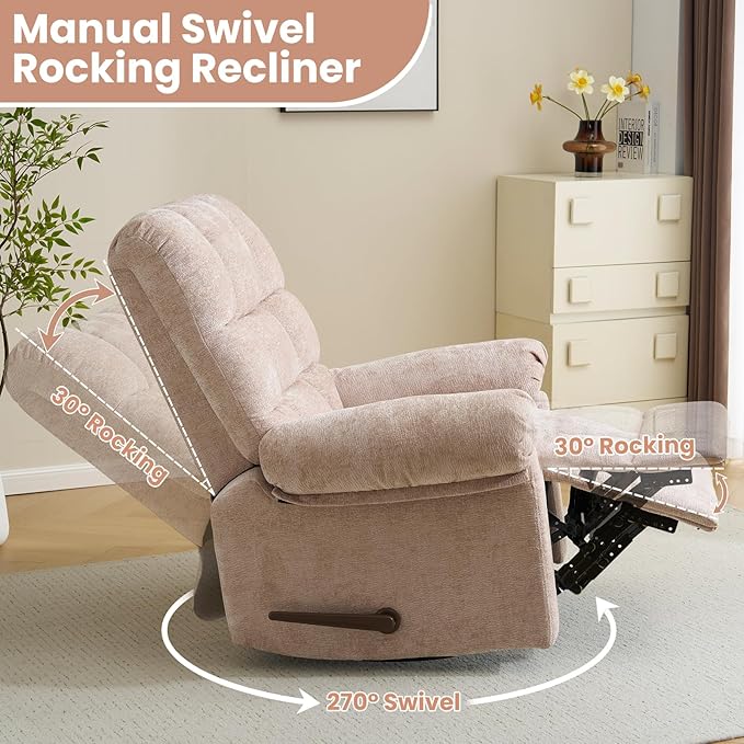Oversized Swivel Rocker Recliner with Massage and Heat, 26" Extra Wide Manual Recliner for Adults & Big Man, Overstuffed Rocking Chair with High Back for Living Room, Beige Chenille