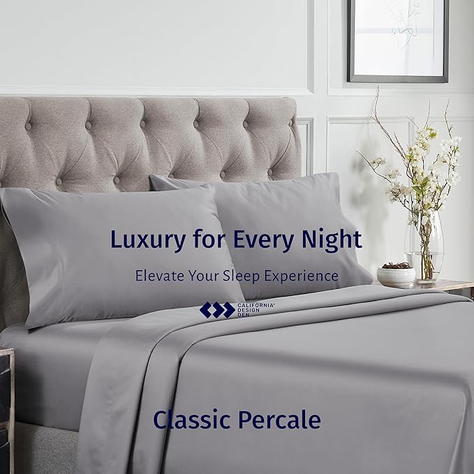 California Design Den Certified 100% Egyptian Cotton Sheets Cal King Size Set - Percale Sheet Set with Deep Pockets, Cool, Crisp & Durable Luxury Bedding - Light Grey