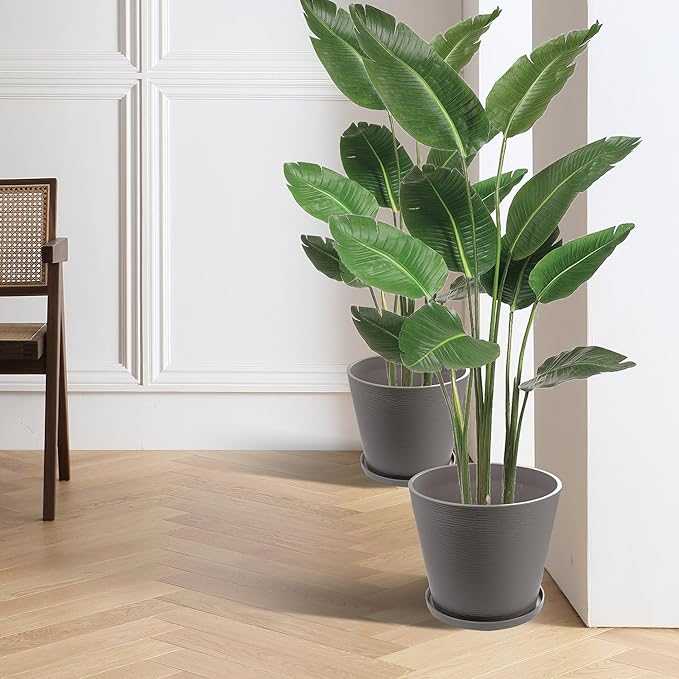 Kozyard 2Packs Round Planter Indoor Outdoor Plant Pots with Tray Collecting Water for Porch, Patio, Backyard Planters Modern Décor for Tall Plants Flowers GrayishBrown