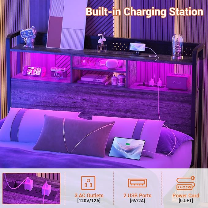 Unikito Headboard for Full Size Bed with Storage Shelf, Head Board with 3 Outlets and 2 USB Ports, Headboards with RGB LED Light, Height Adjustable, Sturdy and Stable, Easy Assembly,Black Oak