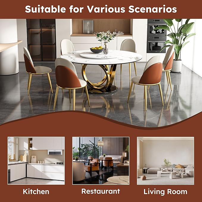 Dining Table Set with 6 Chairs, 59" Round Modern Marble Dining Table with Lazy Susan, Sintered Stone Top for Kitchen, Dining Room, Dinette