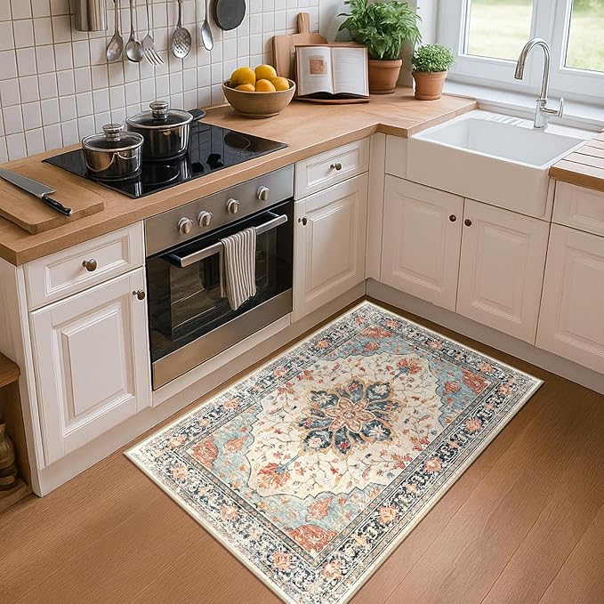 Area Rugs 2'x4' Washable Non-Slip, Floral Vintage Distress Print Pattern Medallion Carpet for Living Room Bedroom Dining Room, Beige Navy Blue Orange Colorful