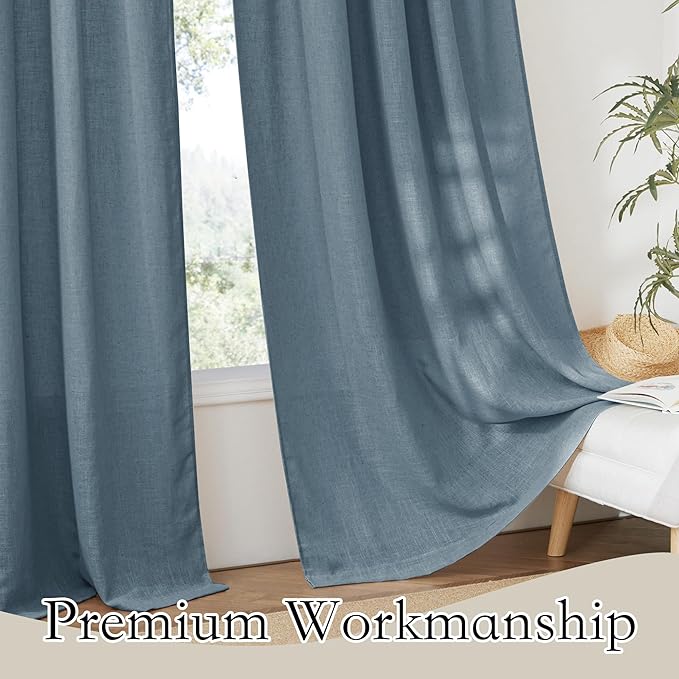 RYB HOME Sheer Curtains for Bedroom, Linen Wave Texture Semitransparent Voile Curtain Drapes Rod Pocket Window Treatment for Dining Room Bathroom Bedroom, Stone Blue, W52 x L45 inch, Set of 2 Panels