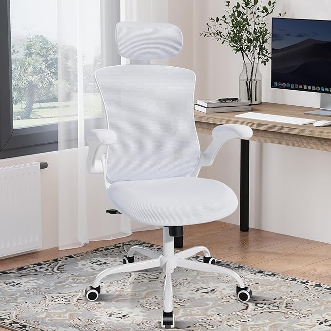 Ergonomic Office Chair with Adjustable Lumbar Support & Headrest, High Back Mesh Desk Chair with Flip-Up Armrests, Breathable & Comfortable Computer Chair for Home, Office & Study –White