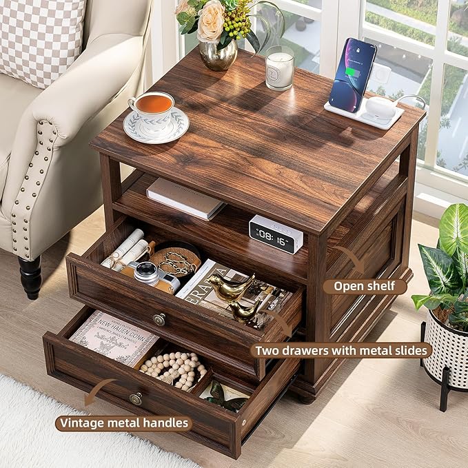 Farmhouse Nightstand with Charging Station, 24" Wide End Table with 2 Drawers,Brown Dresser for Bedroom, Bed Side Table Chest of Drawers Cabinet,Wood Night Stand for Living Room, Closet