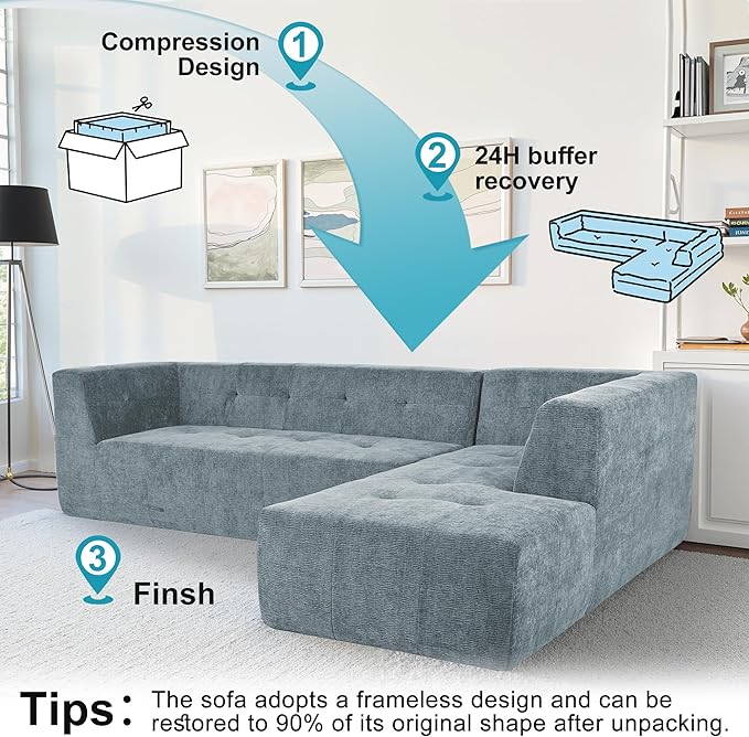Sectional Couches for Living Room 112" L Shaped Cloud Couch Modern Modular Sectional Sofa Bad, Boneless Couch with Deep Seat, No Assembly Required (Chenille, Blue Gray)