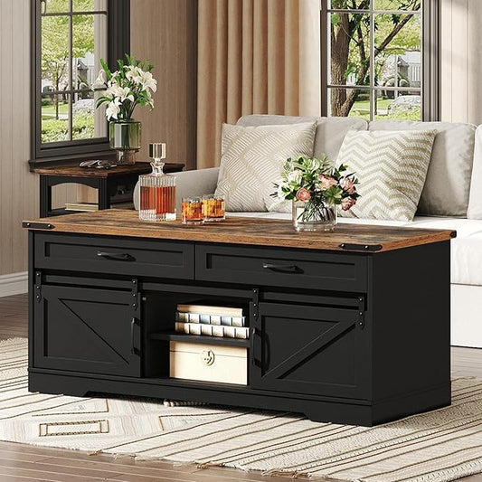 47" Farmhouse Coffee Table with Storage and 2 Drawers, Large Rustic Center Table with Sliding Barn Doors & Open Compartments, Wooden Coffee Table for Living Room, Black and Rustic Brown