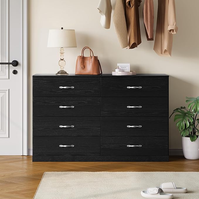 LINSY HOME 8 Drawer Dresser for Bedroom, 54" Wide Chest of Drawers, Modern TV Stand Dressers with Wood Frame and Metal Handles, Large Drawer Organizer for Bedroom, Living Room, Black