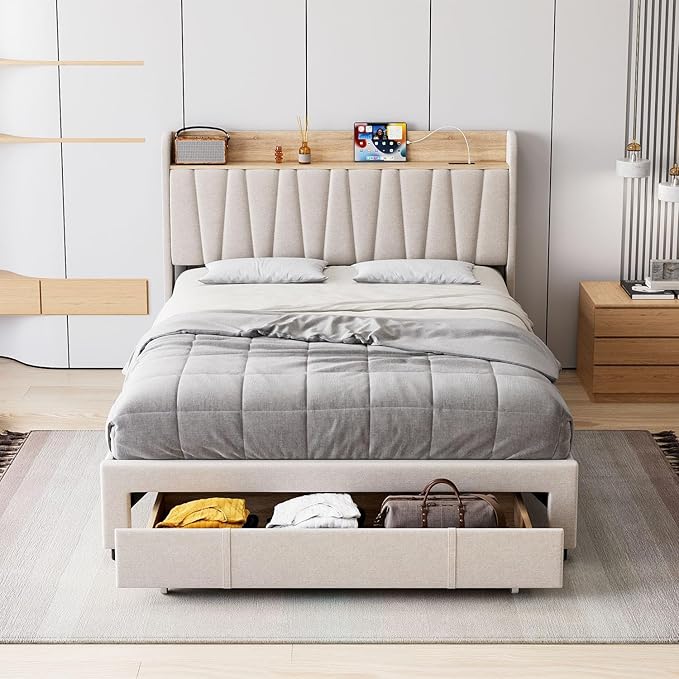 GarveeHome Upholstered Bed Frame with Storage Headboard and Charging Station, Platform Bed Frame with Drawers, Heavy Duty, No Box Spring Needed, Easy Assembly, Beige, Queen Size