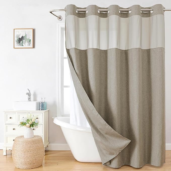 Long No Hooks Needed Linen Textured Shower Curtain with Snap-in Fabric Liner Set,Hotel Luxury Decor Shower Curtains for Bathroom,Waterproof & Washable,71Wx80H,Khaki/Tan