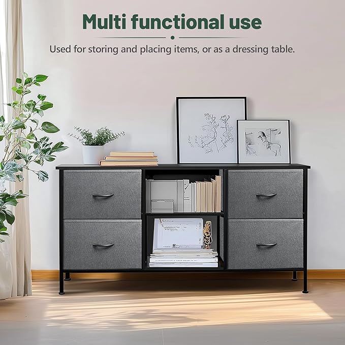 TV Stand for Bedroom, Television Stand for TV up to 46 Inch Entertainment Center Dresser with 4 Drawers Open Storage Shelves for Living Room, Entryway (Grey and Charcoal Black)