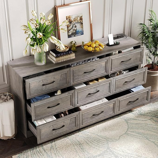 Fameill Dresser for Bedroom, 9 Drawer Wide Dresser Organizer with Charging Station, Tall Dresser for Hallway, Wood Dresser with Metal Handles, Ash Grey