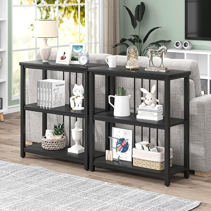 FOLUBAN Bookshelf, Modern 3 Tier Bookcase, Wood and Metal Book Shelves for Living Room Office Bedroom, Rustic Black Oak