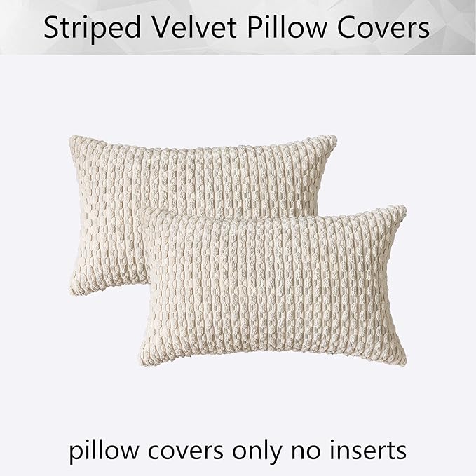 Kevin Textile Set of 2 Pillow Covers Solid Supersoft Corduroy Handmade Decorative Velvet Throw Pillow Cushion Cover for Bed 12x20 Inch Cream