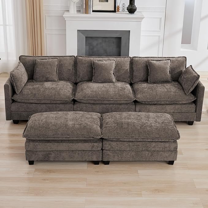 111'' Sectional Cloud Deep Seat Couch, Oversized Chenille U Shaped Sectional Sofa for Living Room Set, Comfy Upholstered Modular 3-Seats Sectional Sofa Couch with 2 Movable Ottoman, Brown