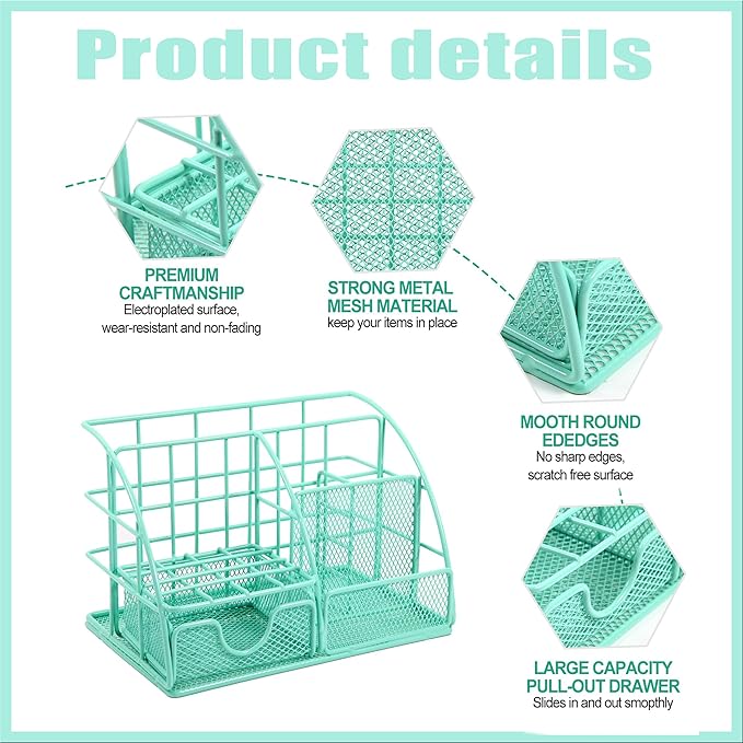 Green Desk Organizers and Accessories Office Supplies Set Stapler, Pen Holder, Phone Holder, Scissors, Pen, Ruler, 30 Paper Clips, 22 Binder Clip, 20 Tacks and 1000pcs Staples