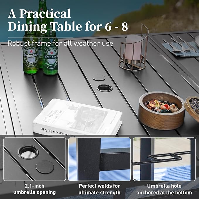 Patio Table and Chairs Set of 8, All-Weather Breathable Textilene Patio Chair with Gourd-Shaped Armrests, 83x39 Rectangle Table with Umbrella Hole, 9 Pcs Metal Frame Patio Dining Set