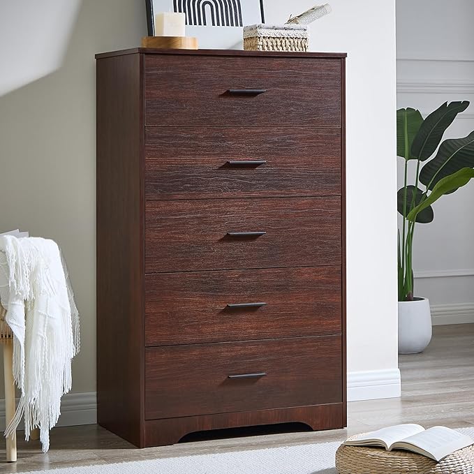 LIDYUK Dresser for Bedroom, Wood Dresser with 5 Drawers, Modern Minimalist Dressers & Chests of Drawers, 47 Inches Tall Chest of Drawers for Bedroom, Hallway, Living Room, Dark Cherry