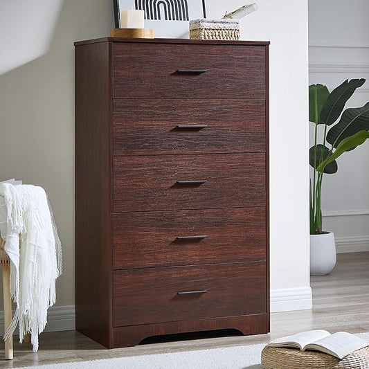 LIDYUK Dresser for Bedroom, Wood Dresser with 5 Drawers, Modern Minimalist Dressers & Chests of Drawers, 47 Inches Tall Chest of Drawers for Bedroom, Hallway, Living Room, Dark Cherry