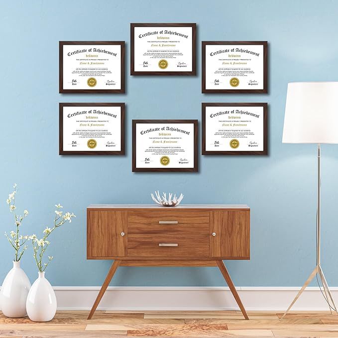 8.5x11 Picture Frames Certificate Document Frame Set of 6 with Real Glass, Diploma Frame for Wall Gallery or Tabletop display in Walnut