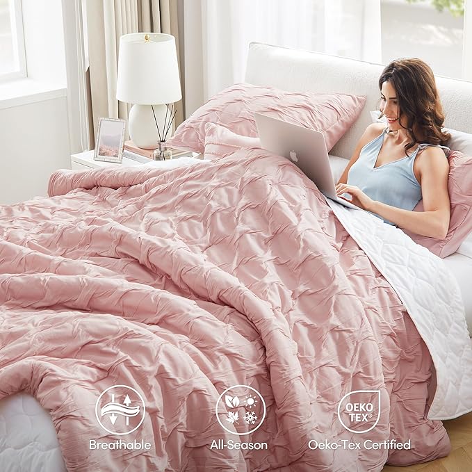 Comfort Spaces Comforter for King Size Bed, Ogee Ruched with Crinkle Texture, Breathable Comforter Set King, All Season Lightweight Bedding Set, Shams, Décor Pilow, King/Cal King Pink 4 Piece