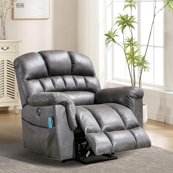 Bonzy Home Power Lift Chairs Recliner for Elderly, Electric Recliner Chair with Heat and Massage, 24" Wide Seat for Big People, Comfortable Backrest, Faux Leather, USB Charging Ports, Grey