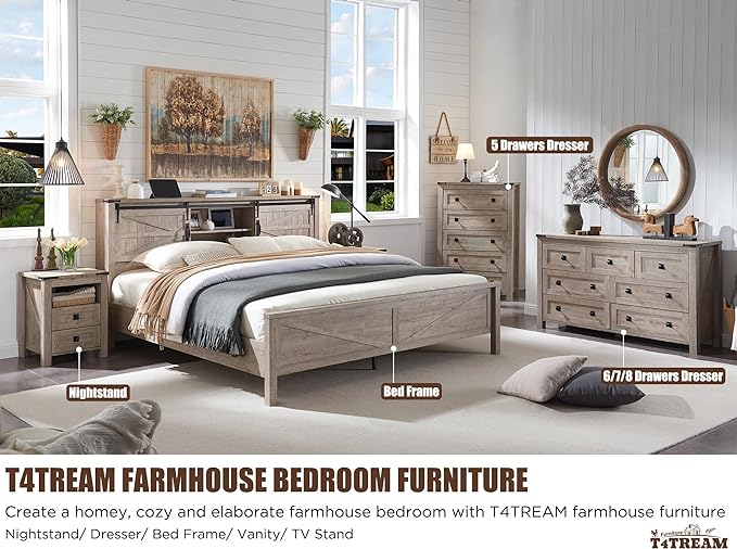 T4TREAM Farmhouse 5 Drawers Dresser Chests for Bedroom, Wood Rustic Tall Chset of Drawers,Dressers Organizer for Bedroom, Living Room,Hallway, Light Rustic Oak