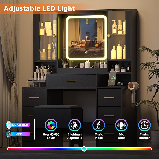 Black Makeup Vanity Desk with Mirror & Lights, Modern Vanity Table with Charging Station, 7 Drawers, Glass Cabinet, Shelves & Cushioned Stool, Bedroom Dressing Table Set for Women & Girls